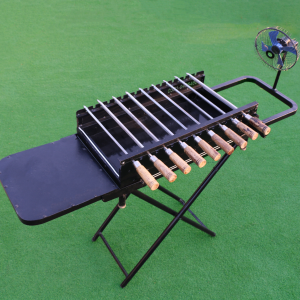 Self-Rotating BBQ Pit with Foldable Stand, Removable Side Tables & Built-in Fan PR-003