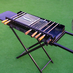 Self-Rotating BBQ Pit with Foldable Stand, Removable Side Tables & Built-in Fan PR-004